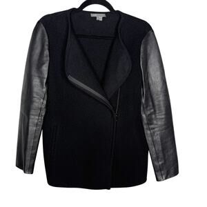 Vince Womens XSmall XS Black Leather Sleeve Asymmetrical Boucle Wool Jacket